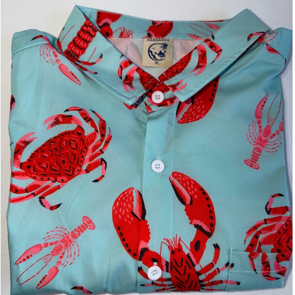 Hardaddy Mens XL Lobster Crab Print Button Down Shirt Turquoise Short Sleeve